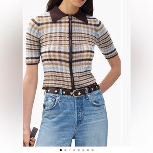 NWT Leva Rag & Bone wool stripe Short Sleeve Zip-Up Top